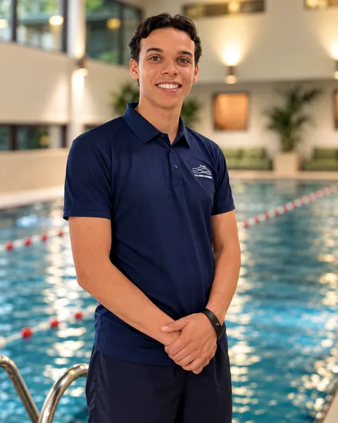 Brock, TSA coach, standing at the pool in a navy TSA polo